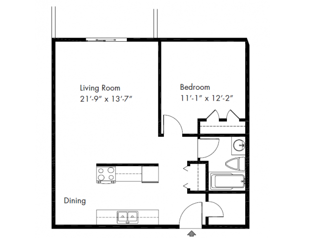 Floor plan for 1 bed, 1 bath, 625 sqft